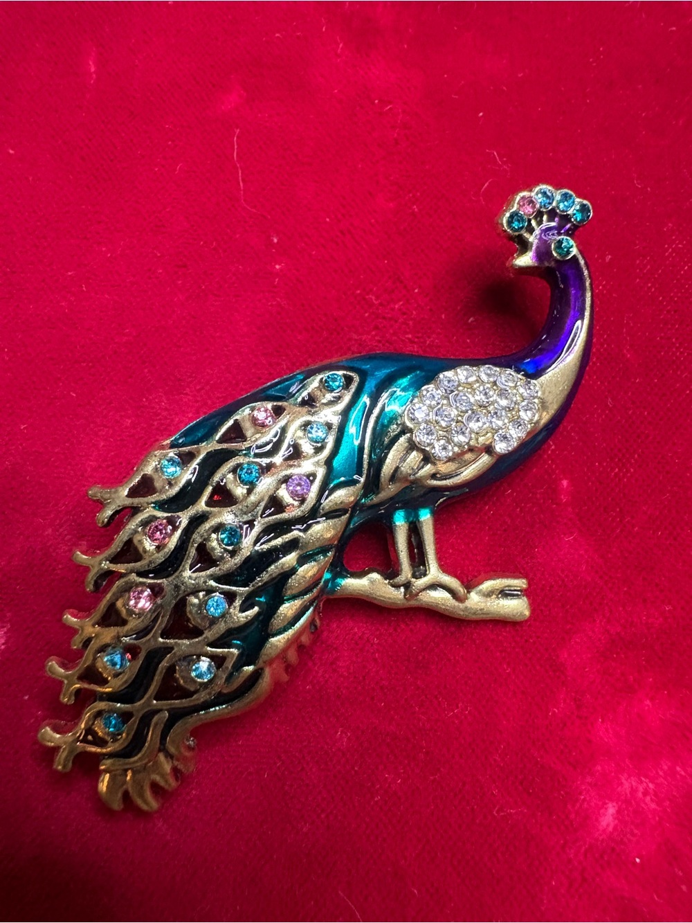 Brooch Peacock Bird on Branch Rhinestone Crystal Statement Colorful Pin - Picture 7 of 7